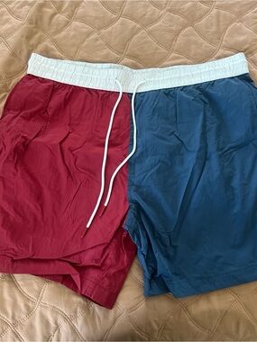 Original Use Red and Navy Colorblock Swim Shorts with White Waistband